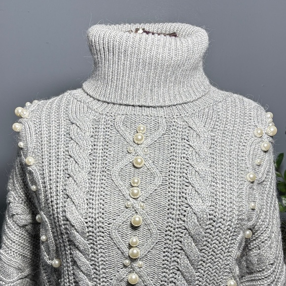 Marciano Gray Turtleneck Faux Pearl Embellished Sweater - Picture 3 of 12